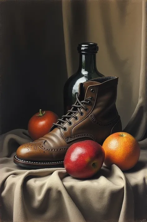 Produce an observational drawing of fruit, a shoe, and a glass bottle or vase seated
on a piece of fabric. The entire drawing must be shaded, with dark tones, mid-tones,
and highlights visible. The background must also be shaded.