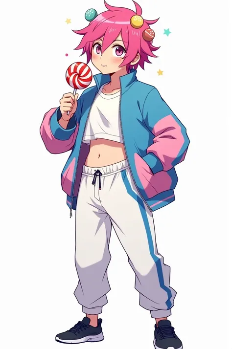 An anime-style illustration of a teenage boy, around , inspired by the character in the provided image. He has a playful and energetic appearance, with short pink hair decorated with candy-like accessories, resembling sweets scattered in her hair. She wear...