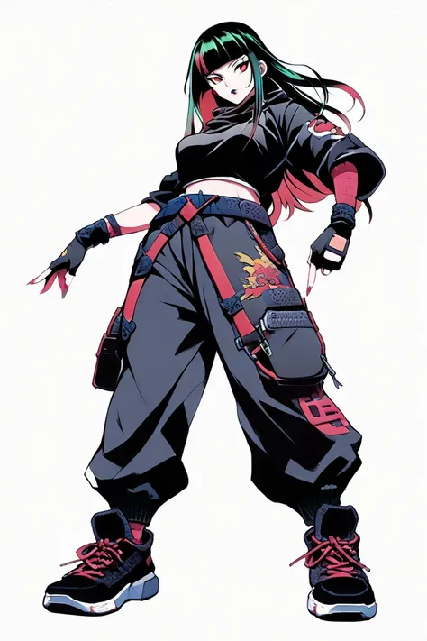 female ninja that could appear in the cyberpunk ninja action novel "Ninja Slayer.", (((white background illustration))), (((full-body illustration))), Streetwear-style ninja outfit.
