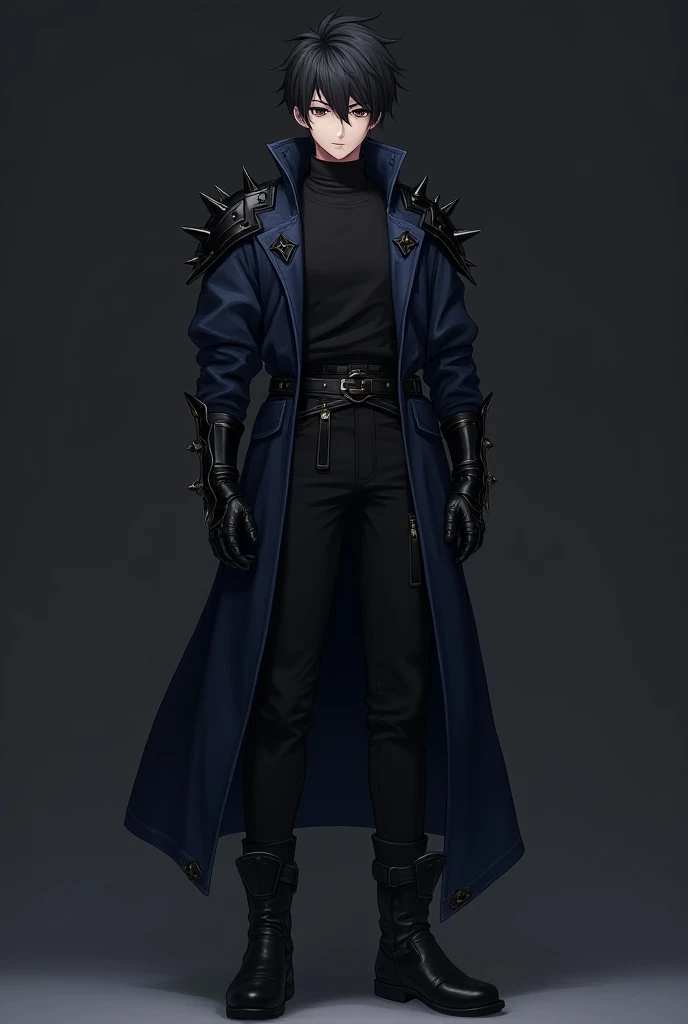  21 year old anime boy wearing a navy blue tunic with black spike details on a black shirt with pieces of black armor with gold trim, dark long pants and black boots and black hair 