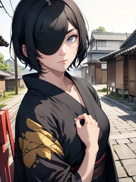 1woman, wearing a long japanese kimono, at a village, black short hair, blue eyes, eye patch on right eye, 8k, high detailed, hi...