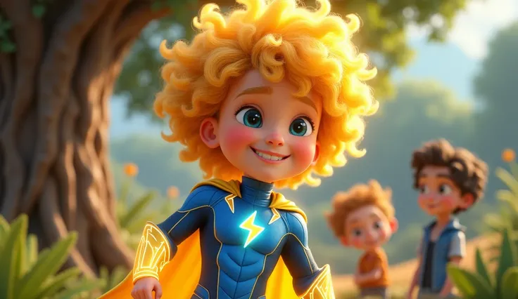 Spark is only ,  with a big smile and his amazing powers." "Spark has bright, curly hair that looks like it’s glowing—just like his personality! He wears a super cool, electric-blue hero outfit with lightning bolt patterns. And check out that tiny yellow c...