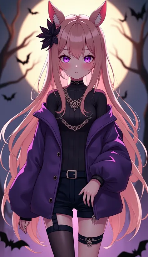 femboy, androgynous, ouji-fashion, strawberry blond hair, Halloween inspired, Halloween themed, purple eyes, cute, anime, detailed, high quality, full body, Ouji outfit, goth, goth outfit, wearing shorts, 2d