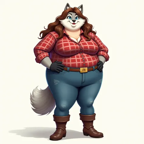 Draw a she-haired she-haired wolf with white.  She is 195 kilograms overweight; giving her an obese build , Gorda, much, robusta, bulky and curvy .  On her head she has wavy brown hair that reaches close to her back,  long and fluffy tail and sky blue eyes...