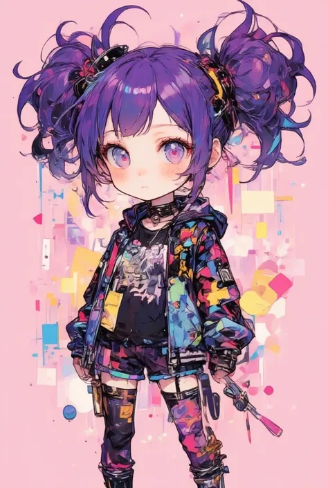 chibi image of a cute girl; multi color fluffy hair; cyperpunk jacket and clothes