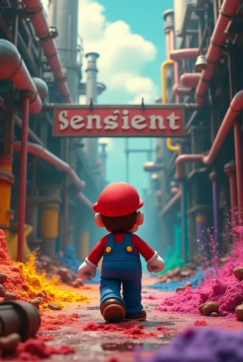 
Super Mario inside a color factory with a very large sign written “Sensient” and a sign written “work is necessary, safety is important and life is essential” . 