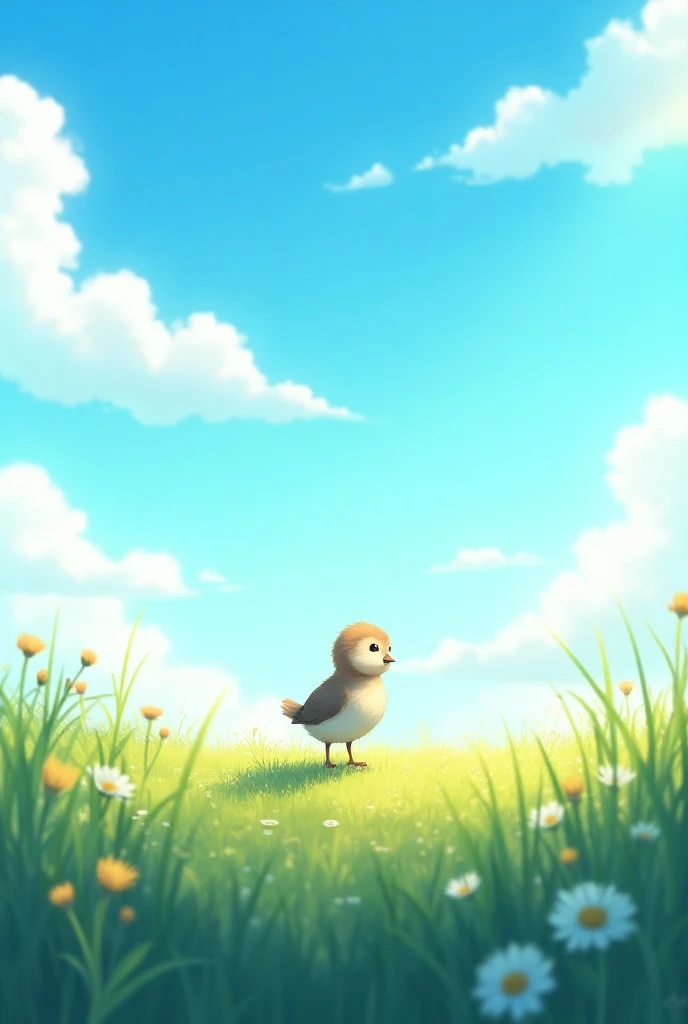  anime style，A young bird stands on the meadow under the blue sky and white clouds