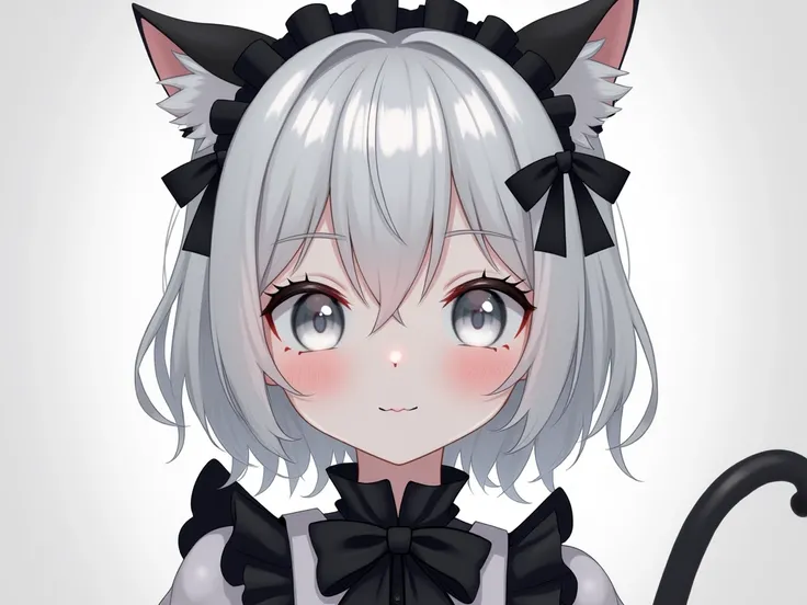 It generates an image of a girl with snow-white cat ears and an equally short hair she has a black lock on her left, she usually wears a maid costume and has white eyes, she has a gothic style and kawai, her eyes dont shine, her ears are still white, the l...