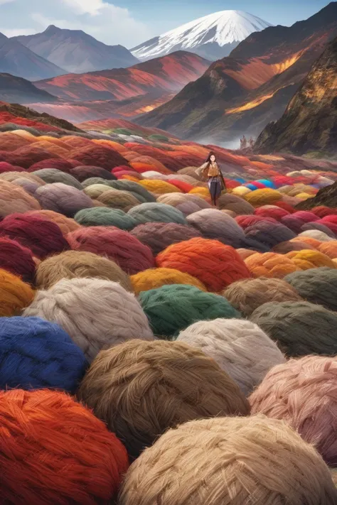 Volcano made of wool fabrics, of many colors , Cordillera, work,  volcano made of work.Rimaya 