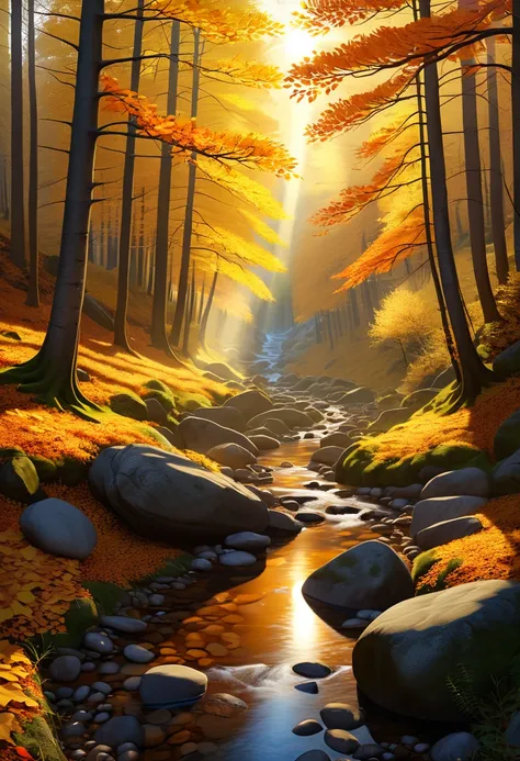 (((best quality))),(((ultra detailed))),(((masterpiece))), illustration,light in the forest,late autumn forest, dawn ambiance, serene atmosphere, golden leaves, winding path, towering trees, gentle breeze, dappled shadows, clear stream, floating leaves, vi...