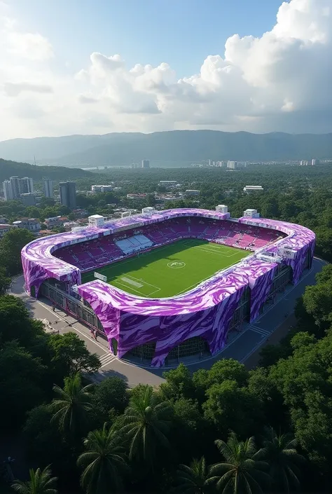 Create a rectangular purple and white soccer stadium for Deportivo Saprissa in Costa Rica