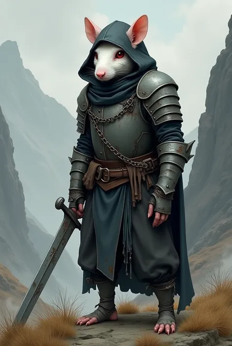 Leonor is a 2-eyed humanoid white rat. meters tall this one wears a matte gray armor with some rusty parts and others missing ,  the armor is not as sturdy if not lighter but it is still resistant, she does not have a helmet and reveals Leonors scarred fac...