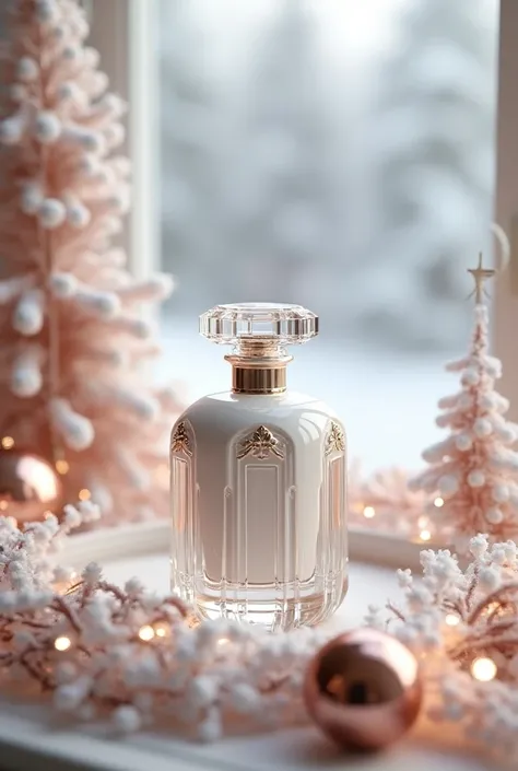 White art deco perfume bottle ornated with art deco ornaments on the art deco table with rose gold Christmas decoration and white Christmas tree watching the snowy day.