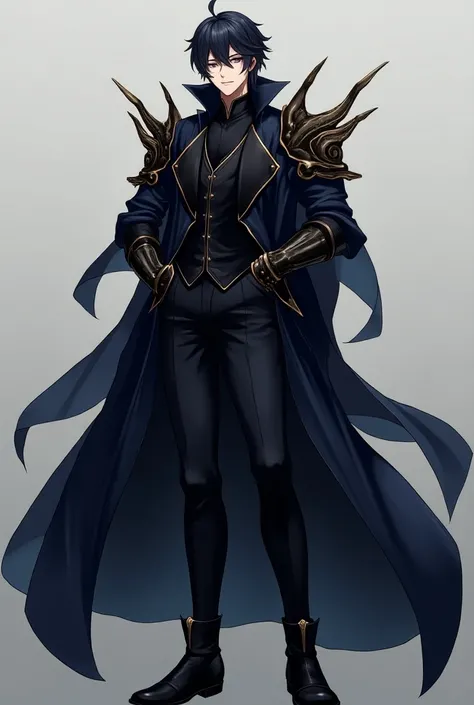 Antagonist 21 year old anime boy wearing a navy blue tunic with black details on a black shirt with pieces of black armor with gold trim, dark long pants and black boots and stunning black hair 