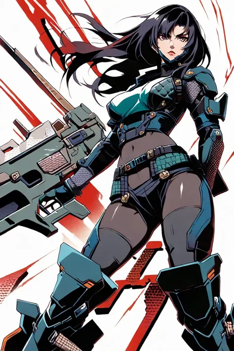 female ninja that could appear in the cyberpunk ninja action novel "Ninja Slayer.", (((white background illustration))), (((full-body illustration))), Futuristic mercenary-style ninja outfit.
