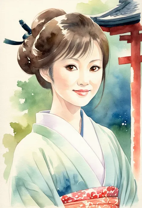 Watercolor illustration of Ayano Fujisaki, a 48-year-old Japanese woman with a round face, toned skin, and brown eyes, standing gracefully in front of a traditional Japanese shrine (shrine). Her full lips and subtle laughter lines add a sensual, yet elegan...