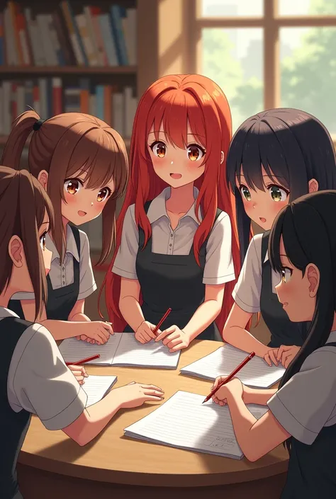 Two young girls with brown hair, two with black hair and one with red hair studying together.