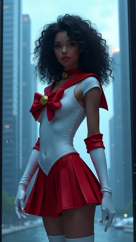 (Qingxu_亚洲美女人像写实摄影_v11), (Qingxu_亚洲美女人像写实摄影_f.11), Beautiful black woman cosplay Sailor Mars , sailor costume , BodySuit white,  with white elbow length gloves ,  pleated red miniskirt ,  thigh-high white stockings , (  Sailor Mars tired African-American w...