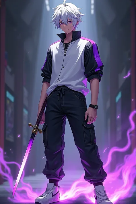  Make a 25-year-old anime boy ,  with a full-sleeve blouse black and purple on the sides, he has white hair, Wear cargo jeans , a white sneaker,  it has a purple and white katana , It has a black aura  