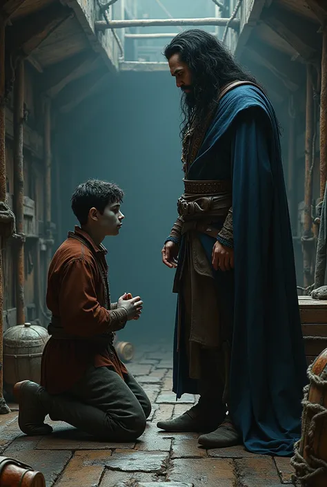 A young, gray skinned merchant bowing and pleading to a young, male, sassy, black haired wizard inside a cargo hold of a ship