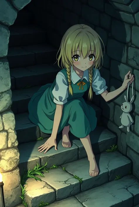  Japanese anime style， A blonde girl facing the camera with the other hand ， carefully underground the stone steps of the dungeon 。She supports the stone wall with one hand ， holding a rabbit doll 。 and the dungeon environment is ancient and humid ， and th...