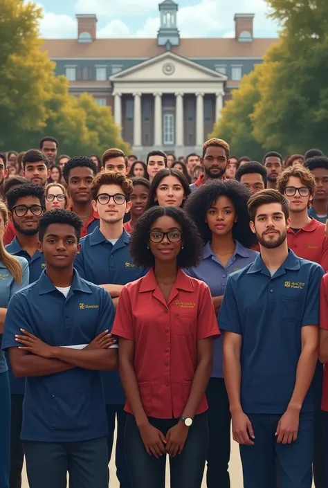 Many college s are standing in their shop shirts in front of the college. 