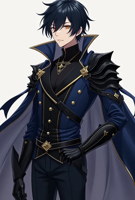 Antagonist 21 year old anime boy wearing a navy blue tunic with black details on a black shirt with pieces of black armor with gold trim, dark long pants and black boots and stunning black hair with black gloves with obsidian metal tip 