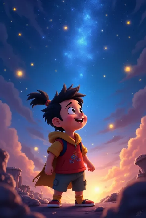 A magical and joyful scene with smiling ren looking up at the starry sky, symbolizing the beginning of the creation of the world. Colorful, bright and cheerful style disney