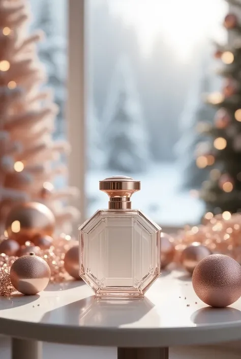 White art deco perfume bottle ornated with art deco ornaments on the art deco table with rose gold Christmas decoration and white Christmas tree watching the snowy day.