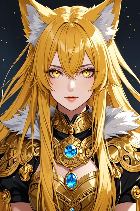 female with long gold - yellow hair, wolf ears, gold eyes