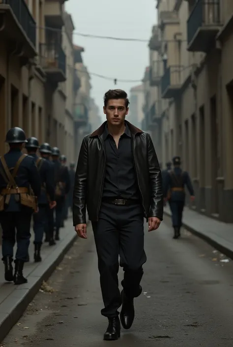 20 year old boy,  with the physical and facial complexion of the American actor Colton Haynes, walking through the streets of Madrid in Francoist Spain in 1939 