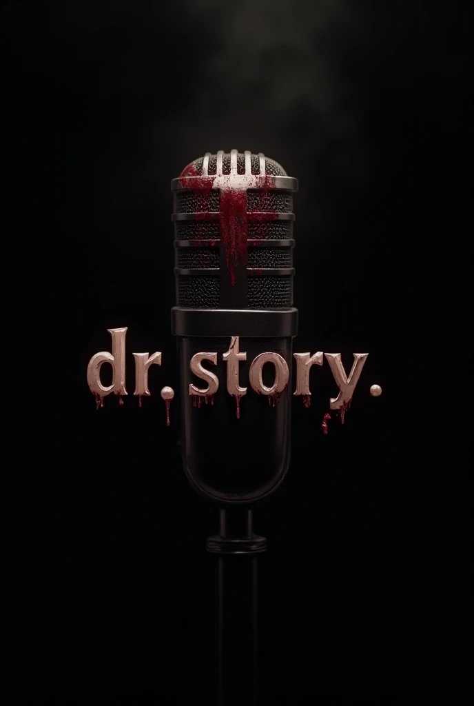 "A dark, minimalist logo design with a retro-style microphone at the center, covered in blood splatters and streaks on its upper portion, giving a chilling and eerie effect. Next to the microphone, bold, stylized text reads Dr. Story in a haunting font. Th...