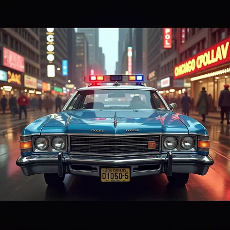  1974 Dodge Monaco police car sedan in blue and white Chicago Police, driving through Chicago in the 70s 