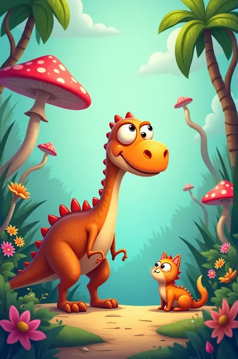 "A cartoon-style dinosaur and cat facing each other in a whimsical forest scene, with the dinosaur leaning down to look at the tiny cat."
