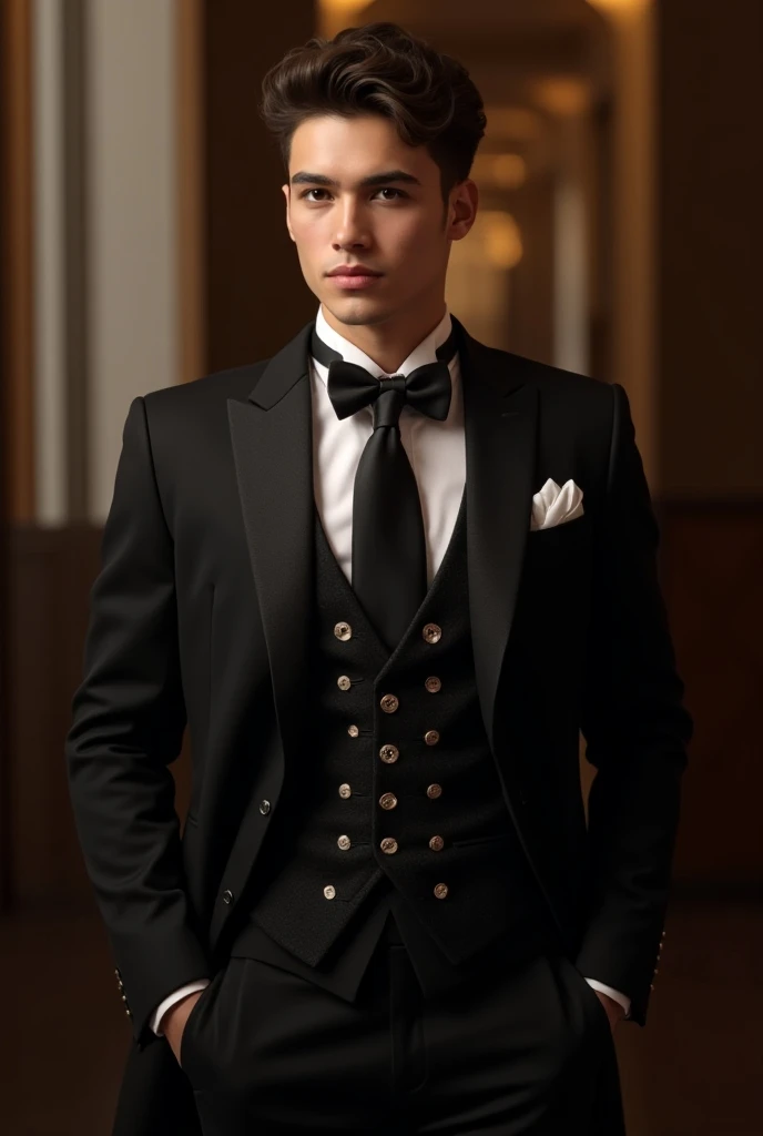 A 23-year-old brown man with a quadrangular face with short curly hair cut dress wearing a black suit with modern embroidery and various silver details and silver buttons and vest under the jacket for a wealthy medical graduation party wearing a simple kno...