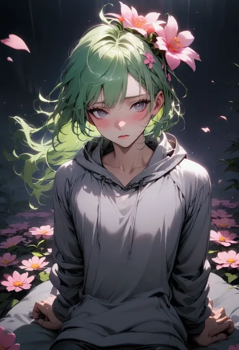 boy, green hair, pink flower on top of his head, gray hoodie, sexy