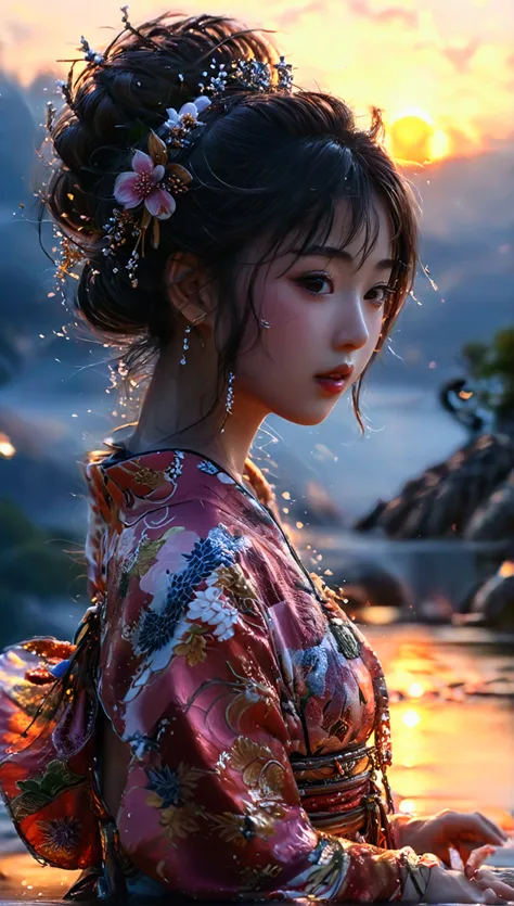 a beautiful japanese anime girl dancing on the lake,(best quality,4k,8k,highres,masterpiece:1.2),ultra-detailed,(realistic,photorealistic,photo-realistic:1.37),detailed face and eyes,flowing hair,elegant kimono,graceful dance pose,serene lake landscape,glo...