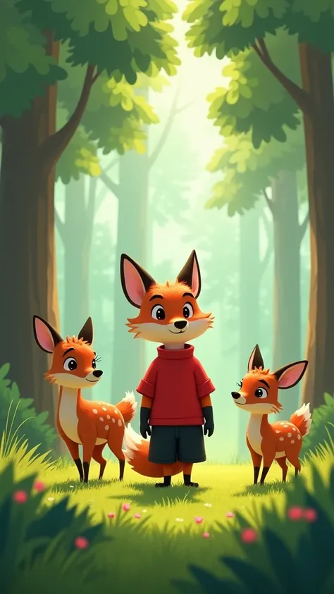 Stylized animated scene,In the open forest, the fox is wearing a red shirt and black half pants, and the deer are walking while talking, the deer is a little worried.