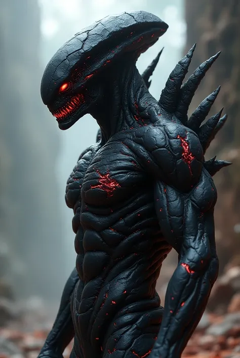 An alien with a body 
rocky black with red details realistic anime style 
