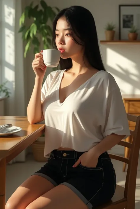 Low angle, Full body, High resolution, Hyper-realistic, Realistic details, Sharp, Beautiful Korean girl, 20s, Fair skin, Long straight black hair, Huge breasts, Natural sagging, Big firm butt, Wide hips, Hourglass figure, Wearing a loose white t-shirt, Wid...