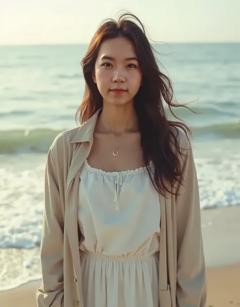 a young lady，Photo ，Photography texture，Portrait Photography， upper body， looking directly at the camera ，Clear facial contours， with a white shirt ，Background is the sea。 She has long dark hair ， being blown a bit messy by the wind 。 to capture a peaceful...