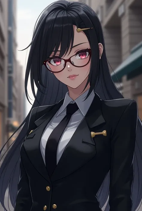 Beidou the woman from genshin impact with glasses and a fashion suit
