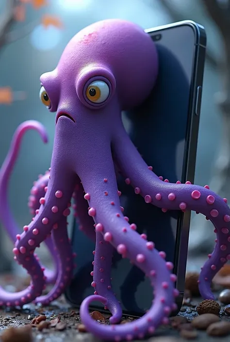 A purple squid crawls out of the iPhone screen