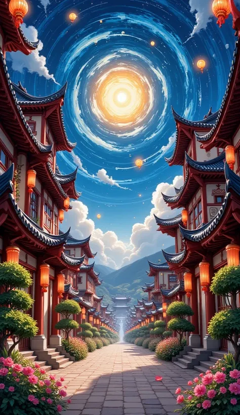 starry gate perspective， deep starry sky dream, nuclear city ， giant crystal ball shrouded ，islands in the air， street side is f...