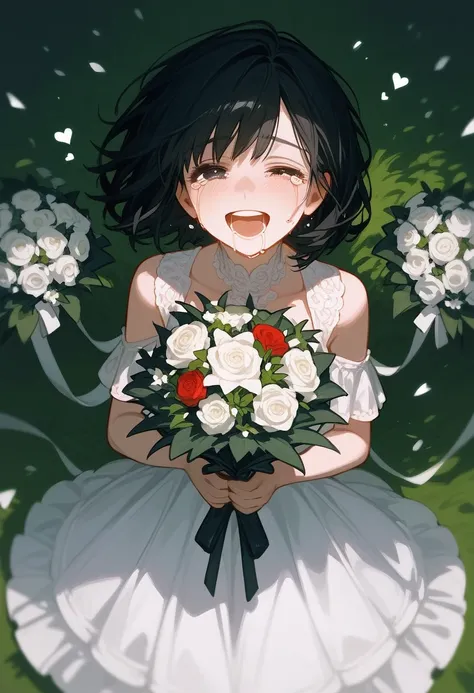 Holding a bouquet,Front face, one girl,Crying and laughing,Broken Heart,Black Hair, Bob Hair , White Dress ,ephemeral, dark eyes,Diagonal overhead view