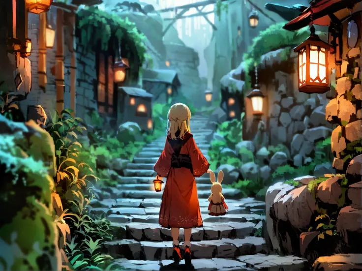  Japanese anime style， A little girl with blond hair facing the camera head-on ， carefully walking down the stone steps of the underground dungeon。She supports the stone wall with one hand ， holding a rabbit doll 。 and the dungeon environment is ancient an...