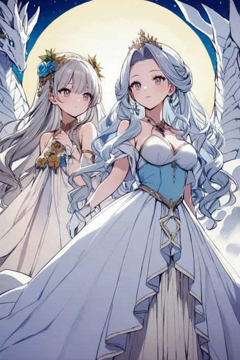 Draw Luna and Snow two Young Princesses
 Of the Dragons.  a beautiful woman with curly and silver hair , Another one with curly hair and cyan blue 
, gray eyes,wearing a beautiful long dress
With colors of snow and moon, and with two dragons at her side a ...