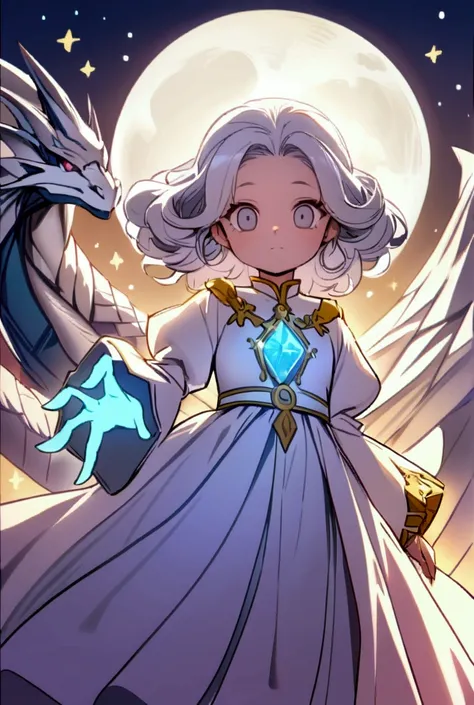 Draw Luna and Snow two Young Princesses
 Of the Dragons.  a beautiful woman with curly and silver hair , Another one with curly hair and cyan blue 
, gray eyes,wearing a beautiful long dress
With colors of snow and moon, and with two dragons at her side a ...