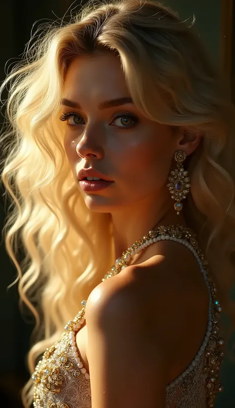 A beautiful blond woman with very curly long hair, wearing an intricate halter dress and jewelry, detailed portrait, hyper realistic, 8k uhd, dslr, high quality, film grain, sharp focus, RAW, photorealistic, realistic skin, detailed eyes, detailed lips, de...