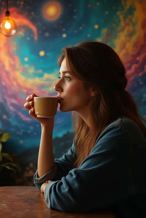 Uma mulher tomando café de fundo um mural celestial em cores de contraste. intricate details, HDR, beautifully shot, hyperrealistic, sharp focus, 64 megapixels, perfect composition, high contrast, cinematic, atmospheric, moody graffiti art, splash art, str...